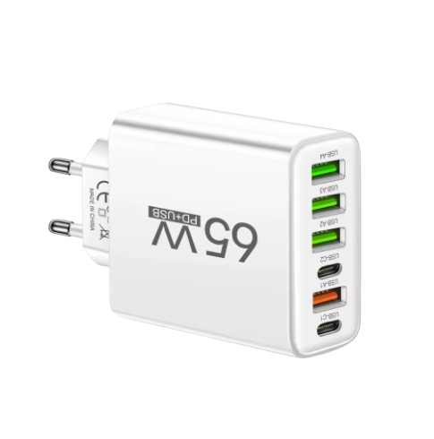 Kompaktes 65-Watt-GaN-Ladegerät mit zwei USB-C-Anschlüssen. Effiziente Schnellladefunktion für Mobilgeräte und Laptops