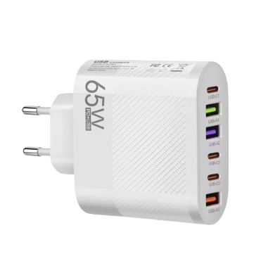 Schwarzes Anker 65-Watt-Ladegerät mit zwei USB-C-Ports und einem USB-A-Anschluss. Kompaktes Design mit klappbarem Stecker, geeignet zum schnellen Laden von Laptop und Smartphone